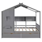Lit cabane en bois avec 2 tiroirs et étagère de rangement pour enfants, gris