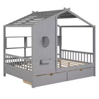 Lit cabane en bois avec 2 tiroirs et étagère de rangement pour enfants, gris