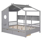 Lit cabane en bois avec 2 tiroirs et étagère de rangement pour enfants, gris