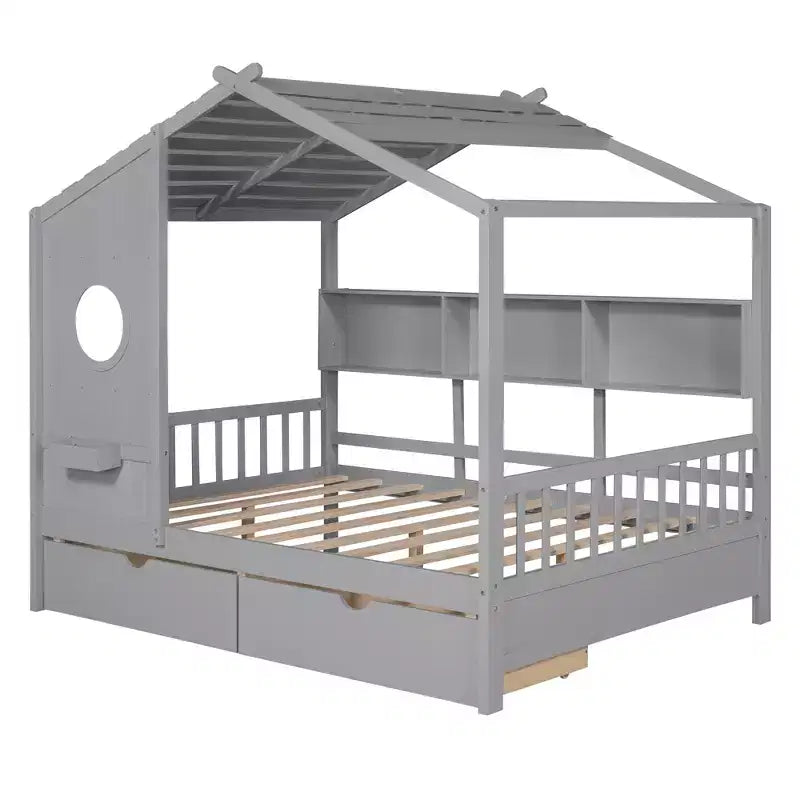Lit cabane en bois avec 2 tiroirs et étagère de rangement pour enfants, gris