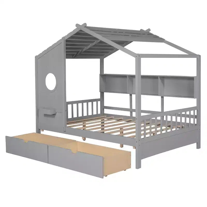 Lit cabane en bois avec 2 tiroirs et étagère de rangement pour enfants, gris