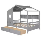 Lit cabane en bois avec 2 tiroirs et étagère de rangement pour enfants, gris