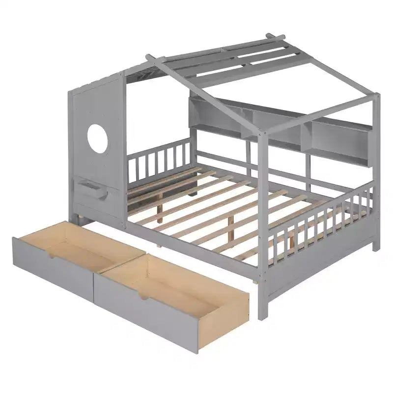 Lit cabane en bois avec 2 tiroirs et étagère de rangement pour enfants, gris