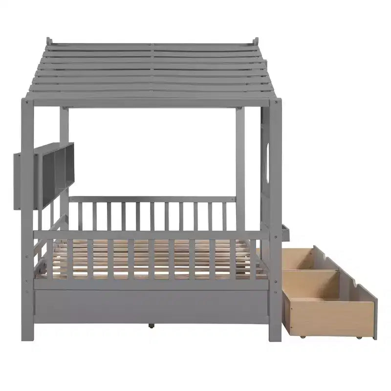 Lit cabane en bois avec 2 tiroirs et étagère de rangement pour enfants, gris