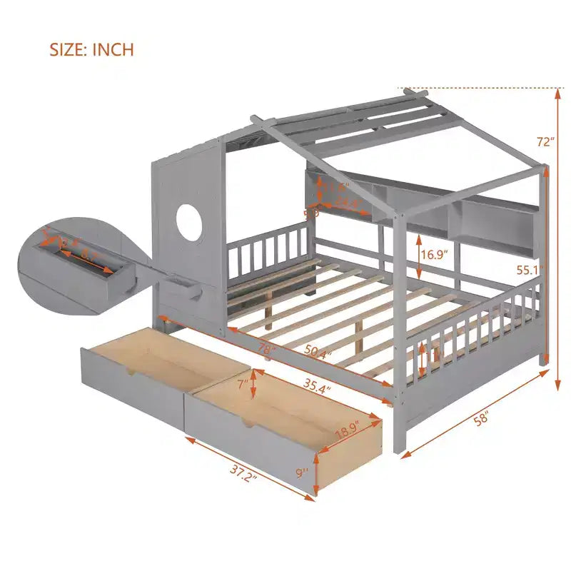 Lit cabane en bois avec 2 tiroirs et étagère de rangement pour enfants, gris