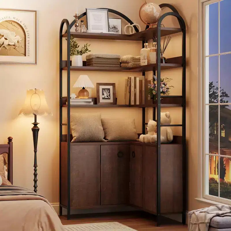 Bibliothèque d'angle arquée de 74,5 pouces de haut avec armoire, bibliothèque de rangement autoportante avec pieds réglables et kit anti-basculement pour bureau, salon
