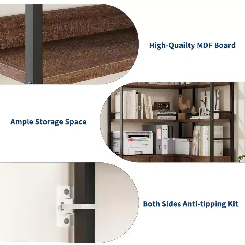 Bibliothèque d'angle arquée de 74,5 pouces de haut avec armoire, bibliothèque de rangement autoportante avec pieds réglables et kit anti-basculement pour bureau, salon