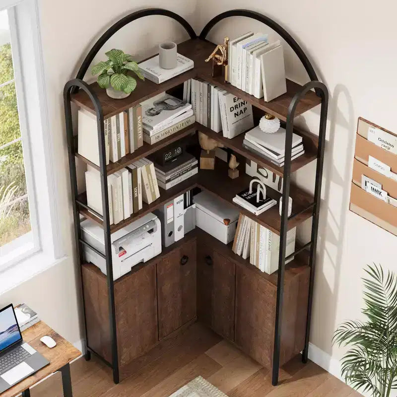 Bibliothèque d'angle arquée de 74,5 pouces de haut avec armoire, bibliothèque de rangement autoportante avec pieds réglables et kit anti-basculement pour bureau, salon