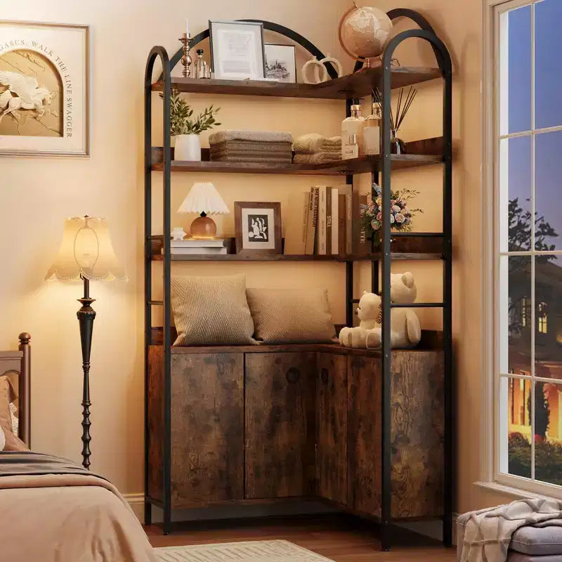 Bibliothèque d'angle arquée de 74,5 pouces de haut avec armoire, bibliothèque de rangement autoportante avec pieds réglables et kit anti-basculement pour bureau, salon