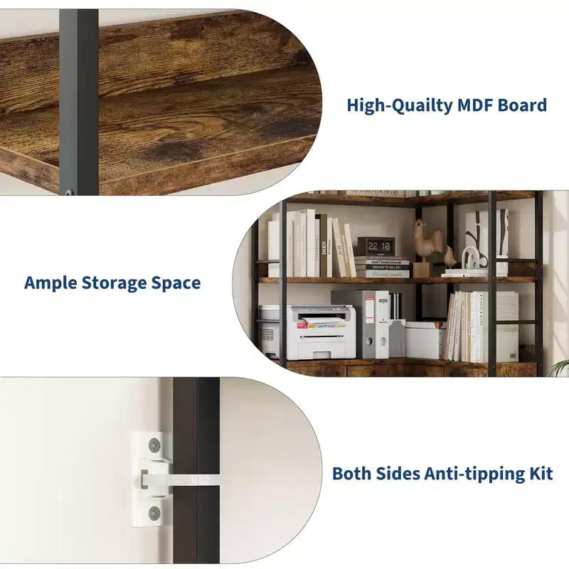 Bibliothèque d'angle arquée de 74,5 pouces de haut avec armoire, bibliothèque de rangement autoportante avec pieds réglables et kit anti-basculement pour bureau, salon