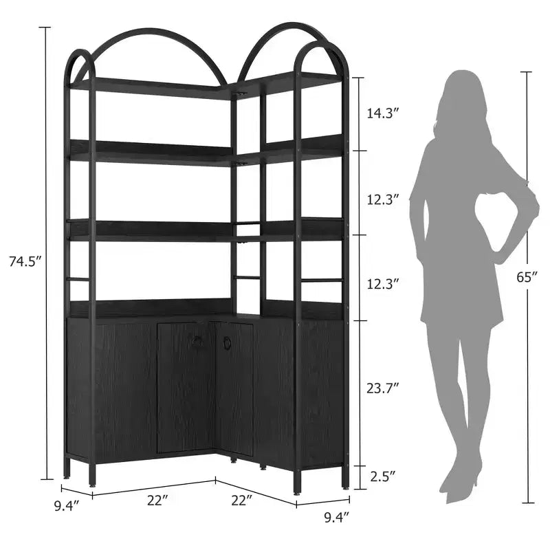 Bibliothèque d'angle arquée de 74,5 pouces de haut avec armoire, bibliothèque de rangement autoportante avec pieds réglables et kit anti-basculement pour bureau, salon