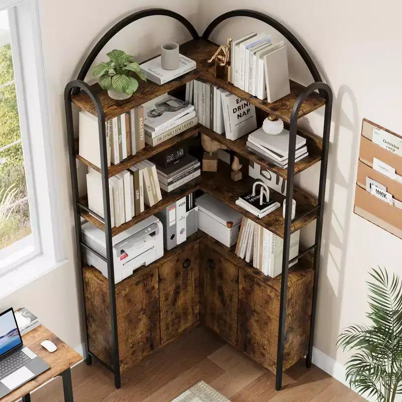 Bibliothèque d'angle arquée de 74,5 pouces de haut avec armoire, bibliothèque de rangement autoportante avec pieds réglables et kit anti-basculement pour bureau, salon