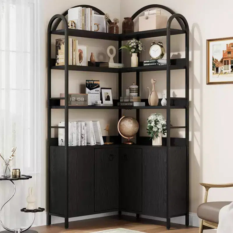 Bibliothèque d'angle arquée de 74,5 pouces de haut avec armoire, bibliothèque de rangement autoportante avec pieds réglables et kit anti-basculement pour bureau, salon