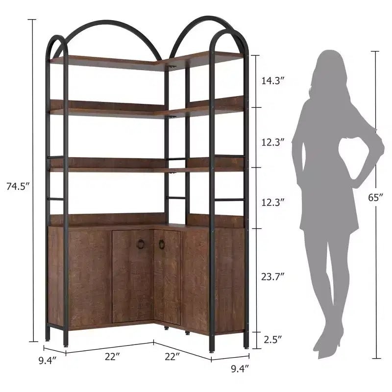 Bibliothèque d'angle arquée de 74,5 pouces de haut avec armoire, bibliothèque de rangement autoportante avec pieds réglables et kit anti-basculement pour bureau, salon