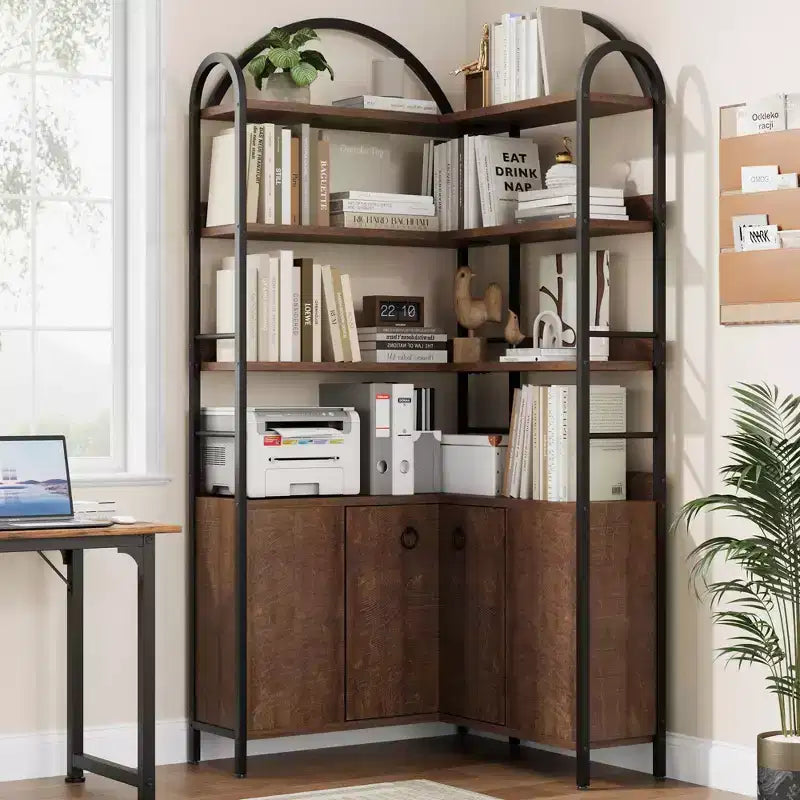 Bibliothèque d'angle arquée de 74,5 pouces de haut avec armoire, bibliothèque de rangement autoportante avec pieds réglables et kit anti-basculement pour bureau, salon