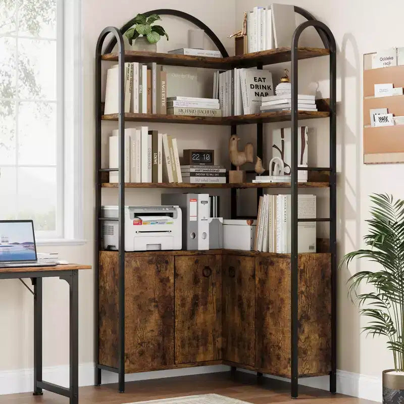 Bibliothèque d'angle arquée de 74,5 pouces de haut avec armoire, bibliothèque de rangement autoportante avec pieds réglables et kit anti-basculement pour bureau, salon