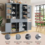 Garde-manger de cuisine autoportant de 74,8H, Armoire de rangement de style ferme avec étagères de porte, étagères réglables, plateaux coulissants et tiroirs - ModernLuxe