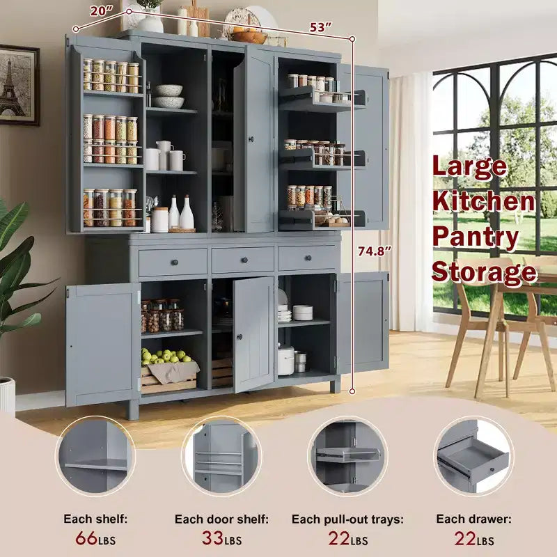 Garde-manger de cuisine autoportant de 74,8H, Armoire de rangement de style ferme avec étagères de porte, étagères réglables, plateaux coulissants et tiroirs - ModernLuxe