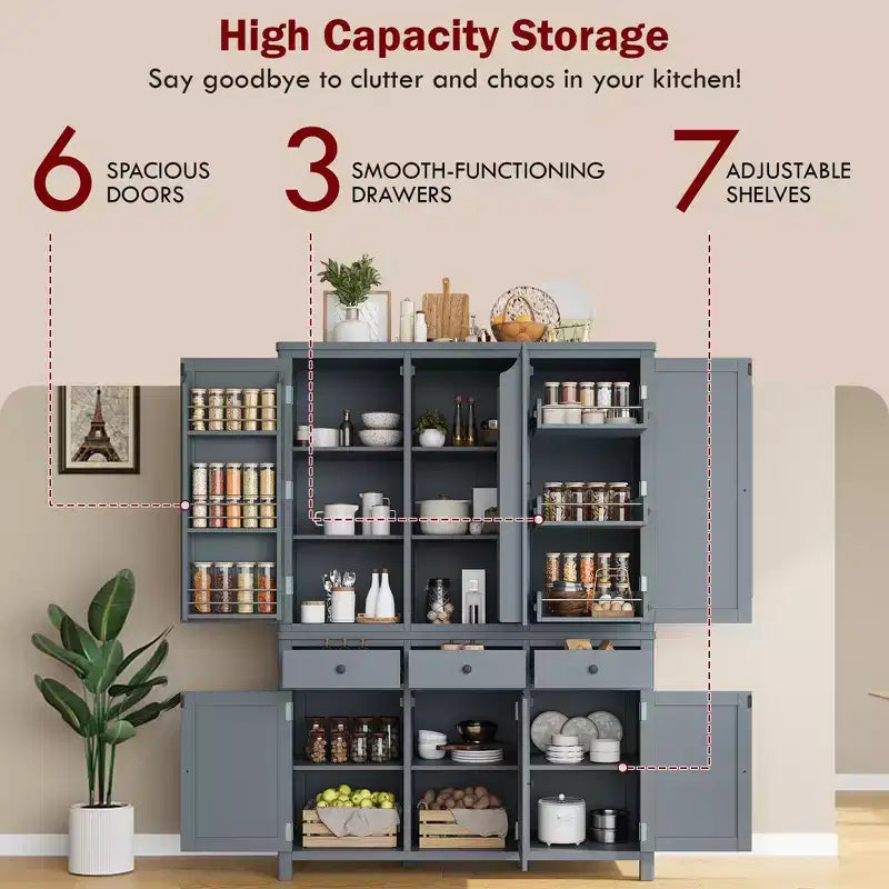 Garde-manger de cuisine autoportant de 74,8H, Armoire de rangement de style ferme avec étagères de porte, étagères réglables, plateaux coulissants et tiroirs - ModernLuxe