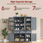 Garde-manger de cuisine autoportant de 74,8H, Armoire de rangement de style ferme avec étagères de porte, étagères réglables, plateaux coulissants et tiroirs - ModernLuxe