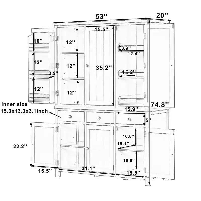 Garde-manger de cuisine autoportant de 74,8H, Armoire de rangement de style ferme avec étagères de porte, étagères réglables, plateaux coulissants et tiroirs - ModernLuxe