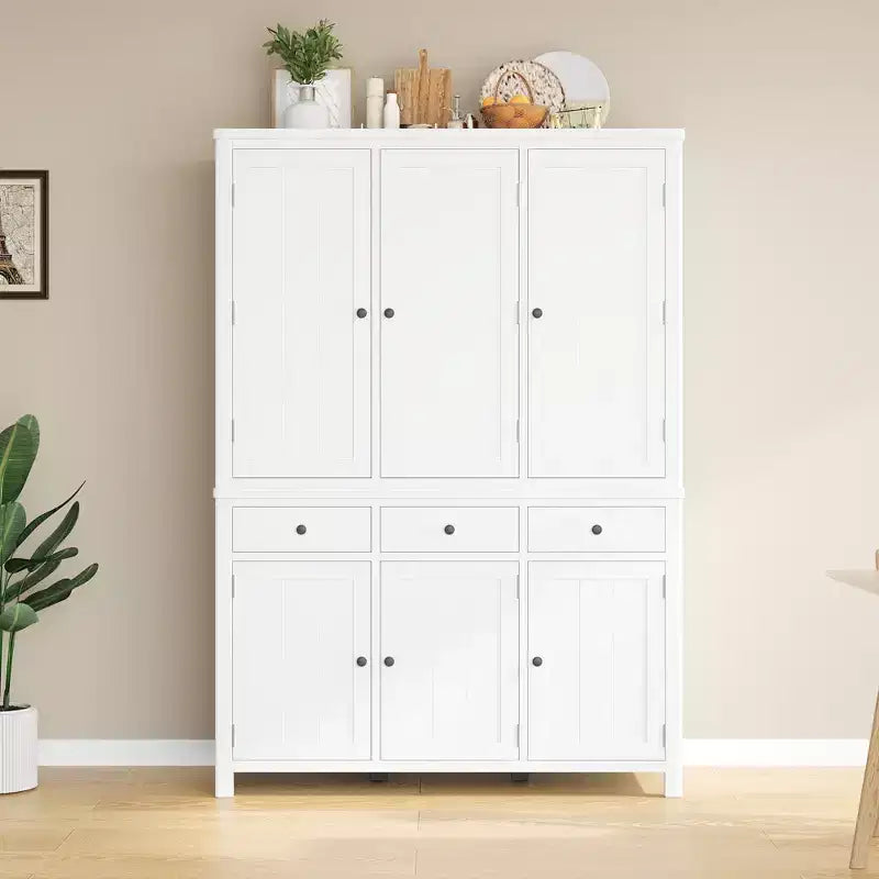 Garde-manger de cuisine autoportant de 74,8H, Armoire de rangement de style ferme avec étagères de porte, étagères réglables, plateaux coulissants et tiroirs - ModernLuxe