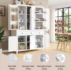 Garde-manger de cuisine autoportant de 74,8H, Armoire de rangement de style ferme avec étagères de porte, étagères réglables, plateaux coulissants et tiroirs - ModernLuxe