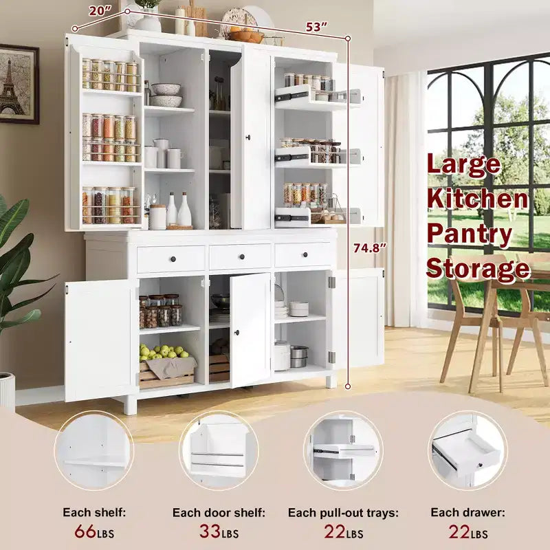 Garde-manger de cuisine autoportant de 74,8H, Armoire de rangement de style ferme avec étagères de porte, étagères réglables, plateaux coulissants et tiroirs - ModernLuxe