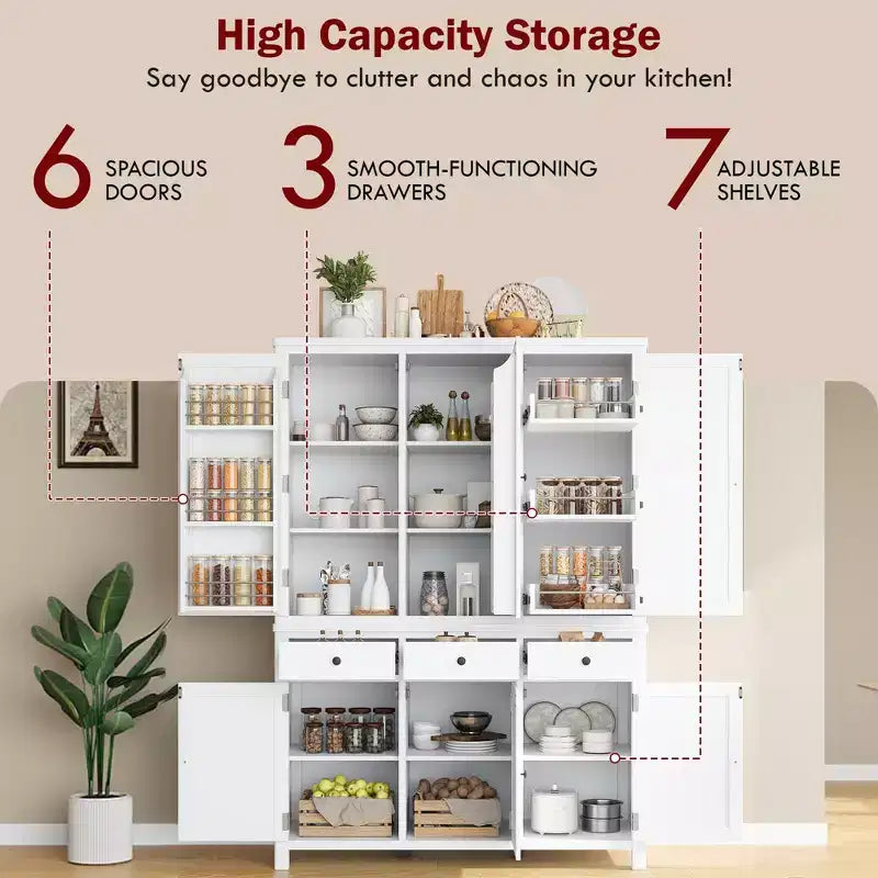 Garde-manger de cuisine autoportant de 74,8H, Armoire de rangement de style ferme avec étagères de porte, étagères réglables, plateaux coulissants et tiroirs - ModernLuxe
