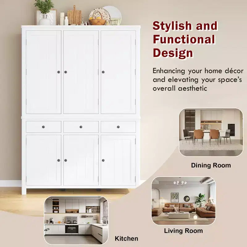 Garde-manger de cuisine autoportant de 74,8H, Armoire de rangement de style ferme avec étagères de porte, étagères réglables, plateaux coulissants et tiroirs - ModernLuxe