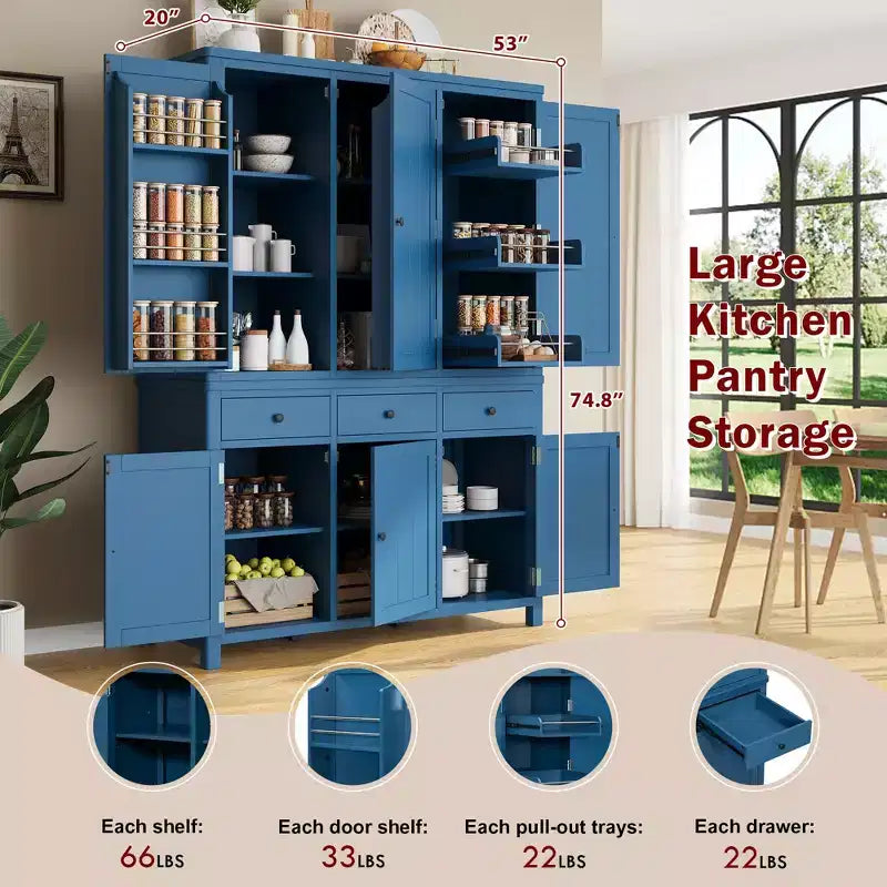Garde-manger de cuisine autoportant de 74,8H, Armoire de rangement de style ferme avec étagères de porte, étagères réglables, plateaux coulissants et tiroirs - ModernLuxe