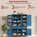 Garde-manger de cuisine autoportant de 74,8H, Armoire de rangement de style ferme avec étagères de porte, étagères réglables, plateaux coulissants et tiroirs - ModernLuxe