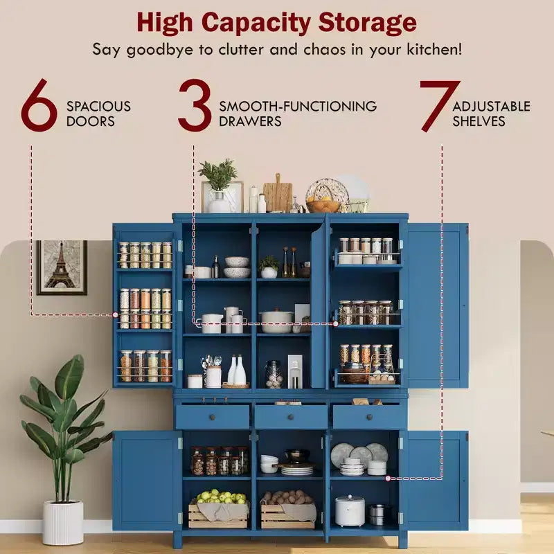 Garde-manger de cuisine autoportant de 74,8H, Armoire de rangement de style ferme avec étagères de porte, étagères réglables, plateaux coulissants et tiroirs - ModernLuxe