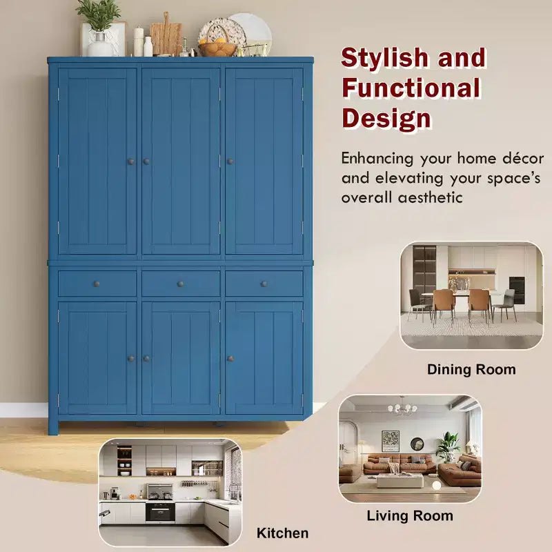 Garde-manger de cuisine autoportant de 74,8H, Armoire de rangement de style ferme avec étagères de porte, étagères réglables, plateaux coulissants et tiroirs - ModernLuxe