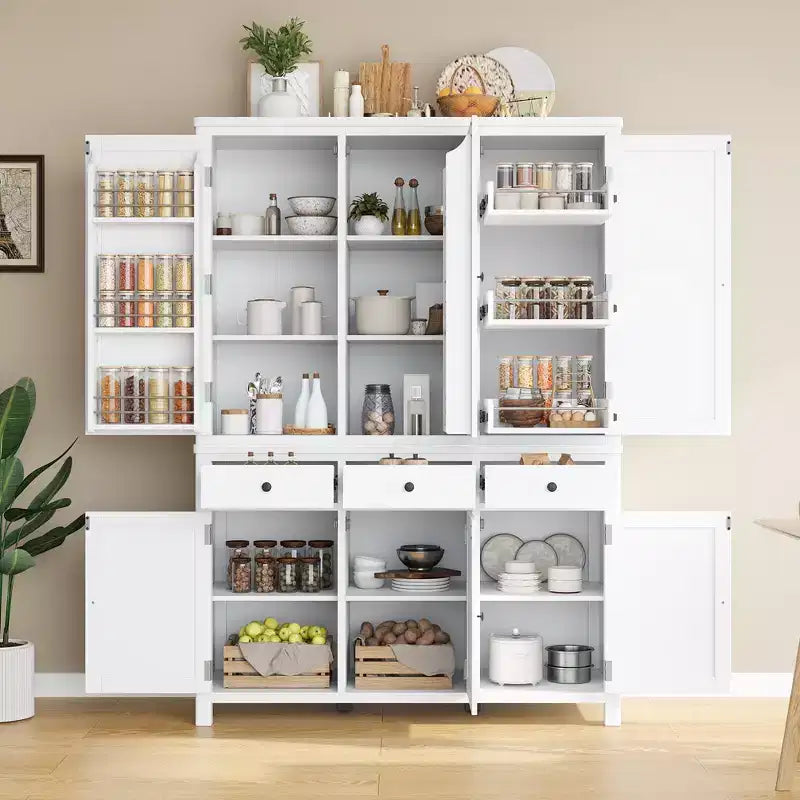 Garde-manger de cuisine autoportant de 74,8H, Armoire de rangement de style ferme avec étagères de porte, étagères réglables, plateaux coulissants et tiroirs - ModernLuxe