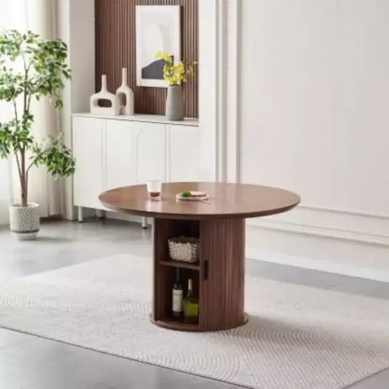 Table à manger ronde avec étagères de rangement à 2 niveaux, Table en bois avec portes coulissantes, Grande table de rangement pour cuisine et salon