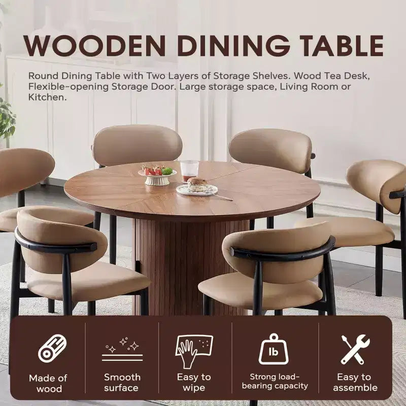 Table à manger ronde avec étagères de rangement à 2 niveaux, Table en bois avec portes coulissantes, Grande table de rangement pour cuisine et salon