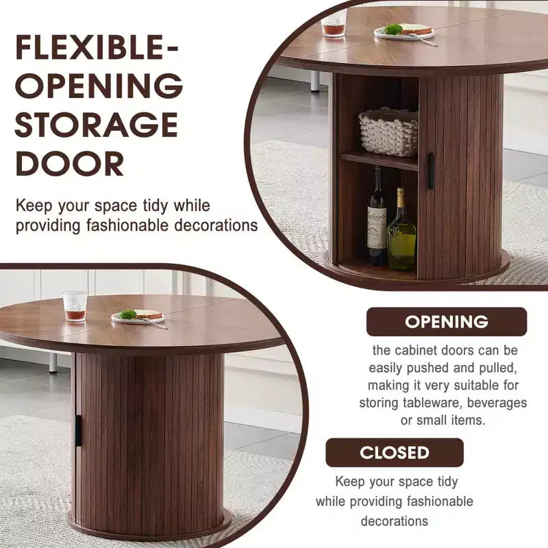 Table à manger ronde avec étagères de rangement à 2 niveaux, Table en bois avec portes coulissantes, Grande table de rangement pour cuisine et salon