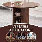Table à manger ronde avec étagères de rangement à 2 niveaux, Table en bois avec portes coulissantes, Grande table de rangement pour cuisine et salon