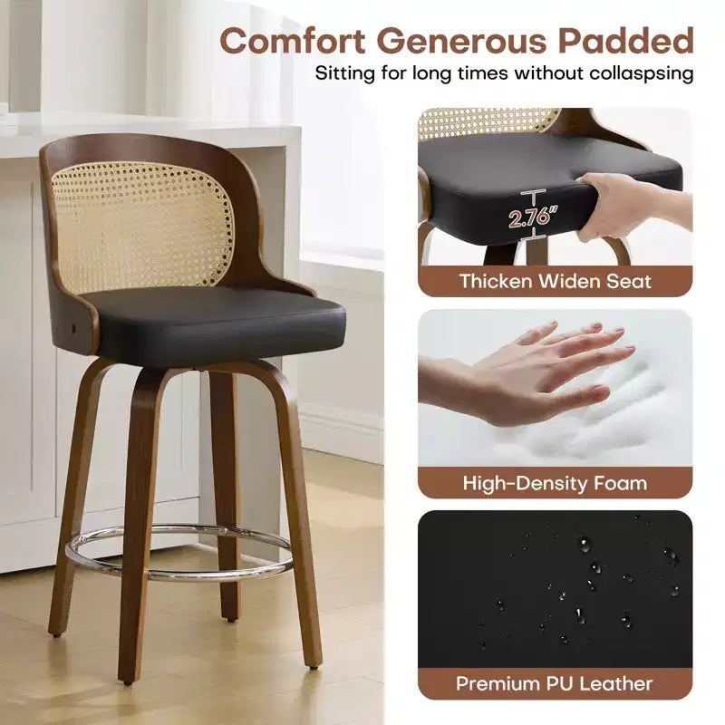 Lot de 2/3/4 tabourets de bar pivotants Bekrvio 26 avec dossier en rotin et pieds en bois courbé, tabourets de bar à hauteur de comptoir rembourrés en similicuir pour îlot de cuisine