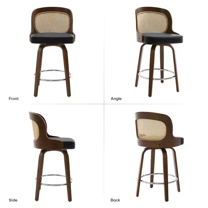 Lot de 2/3/4 tabourets de bar pivotants Bekrvio 26 avec dossier en rotin et pieds en bois courbé, tabourets de bar à hauteur de comptoir rembourrés en similicuir pour îlot de cuisine
