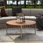 JVNOXK 31.4'' living room circular coffee table, modern natural wood grain handmade drum shaped coffee table, wooden Felief coffee table