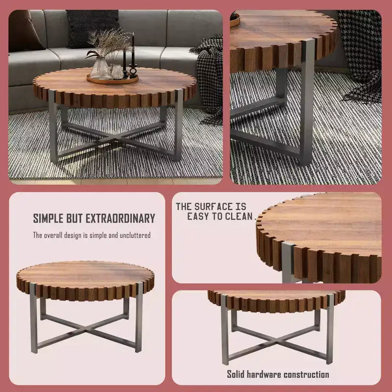Table basse ronde JVNOXK 31,4'', table basse circulaire moderne en grain de bois naturel faite à la main, table basse en bois Felief