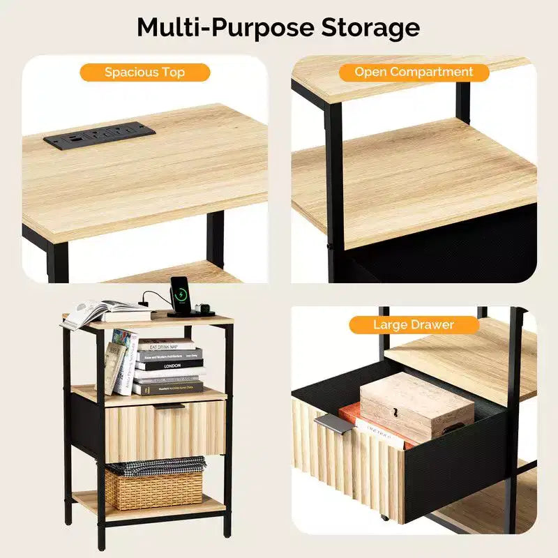 Table de Chevet Karl Home de 38 cm de Large - 1 Tiroir, 2 Étagères, Prise Électrique US - lot de 2