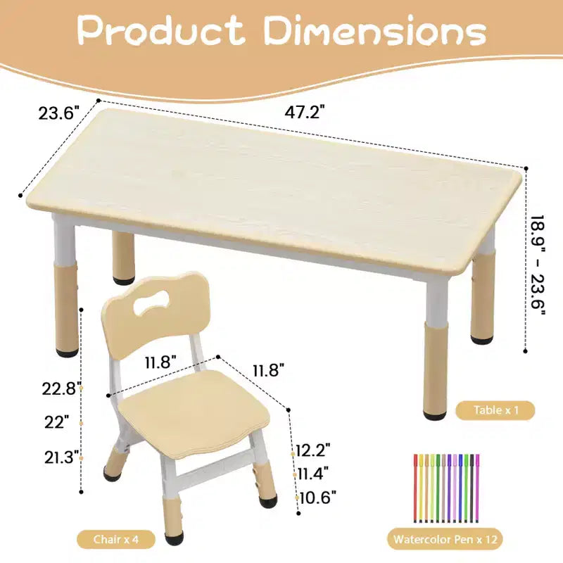 Table et 4 chaises pour enfants à hauteur réglable, motif graffiti, tapis antidérapants en caoutchouc, table d'étude et de jeu, polyvalente pour la lecture, le dessin et les activités en salle de jeux