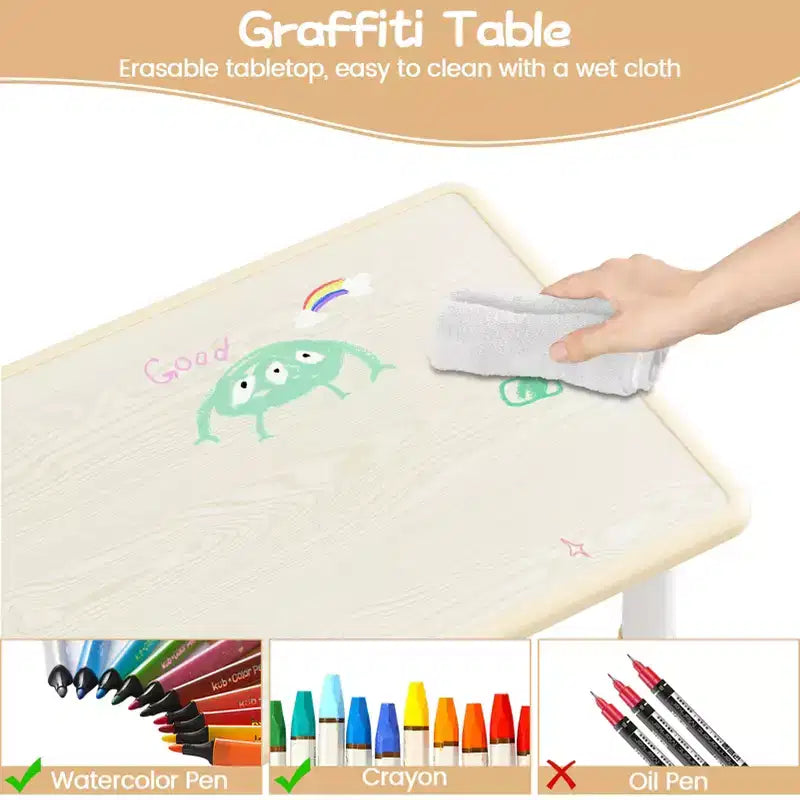 Table et 4 chaises pour enfants à hauteur réglable, motif graffiti, tapis antidérapants en caoutchouc, table d'étude et de jeu, polyvalente pour la lecture, le dessin et les activités en salle de jeux