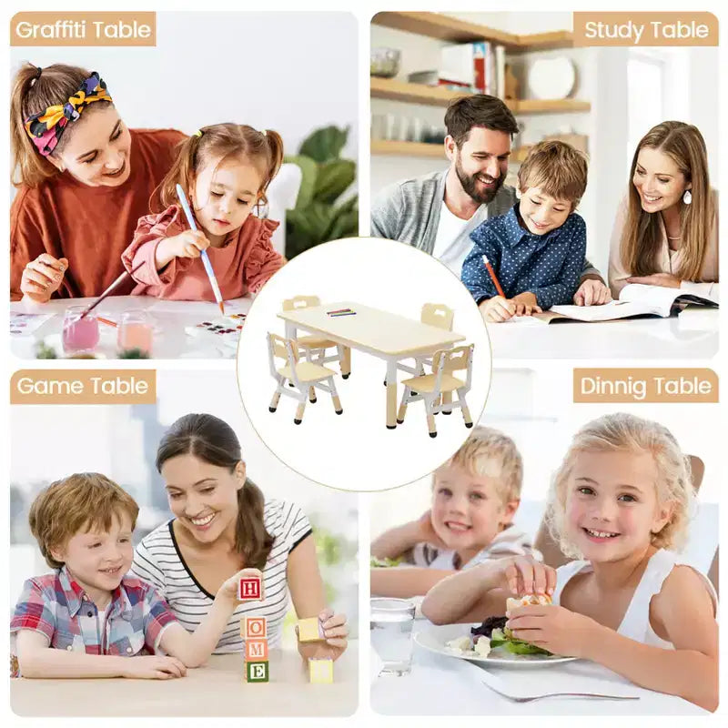 Table et 4 chaises pour enfants à hauteur réglable, motif graffiti, tapis antidérapants en caoutchouc, table d'étude et de jeu, polyvalente pour la lecture, le dessin et les activités en salle de jeux