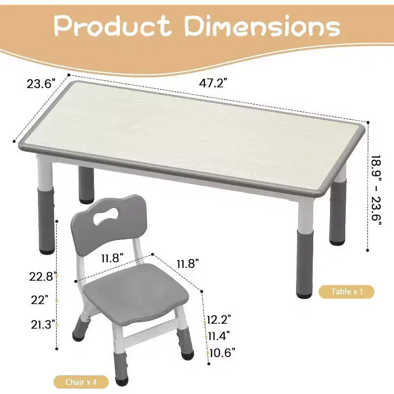 Table et 4 chaises pour enfants à hauteur réglable, motif graffiti, tapis antidérapants en caoutchouc, table d'étude et de jeu, polyvalente pour la lecture, le dessin et les activités en salle de jeux