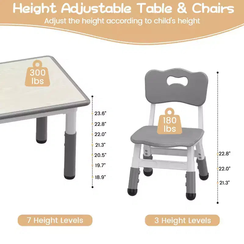 Table et 4 chaises pour enfants à hauteur réglable, motif graffiti, tapis antidérapants en caoutchouc, table d'étude et de jeu, polyvalente pour la lecture, le dessin et les activités en salle de jeux