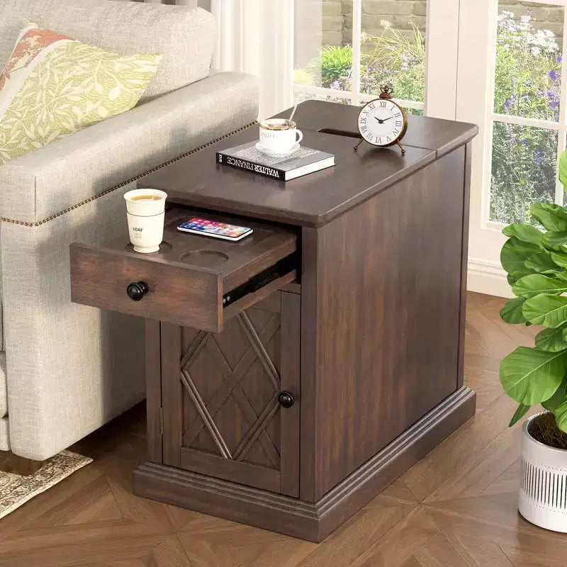 Table d'appoint classique, Table de chevet avec station de recharge, tiroir, armoire de rangement pour salon et chambre - ModernLuxe